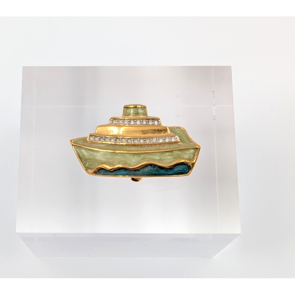 VTG Swarovski Cruise Ship Boat Pin Brooch Pave Gold Tone Nautical‎ Ocean Liner